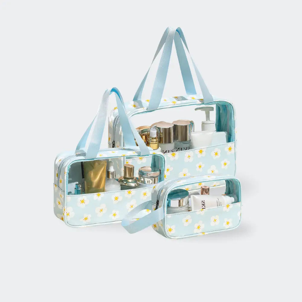 trousse de toilette familiale avec fleurs fond blanc vert