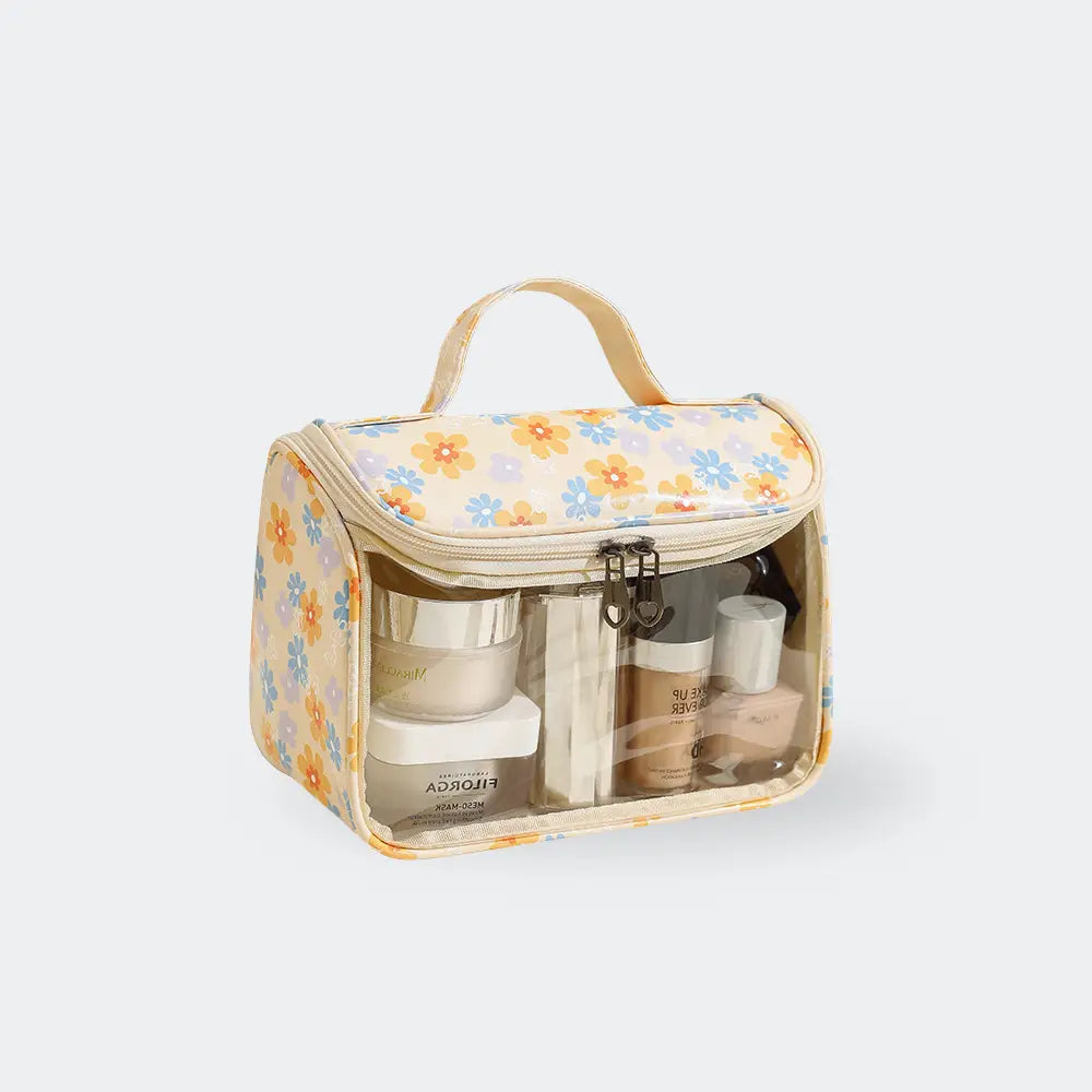 trousse de toilette fleurs fond blanc jaune