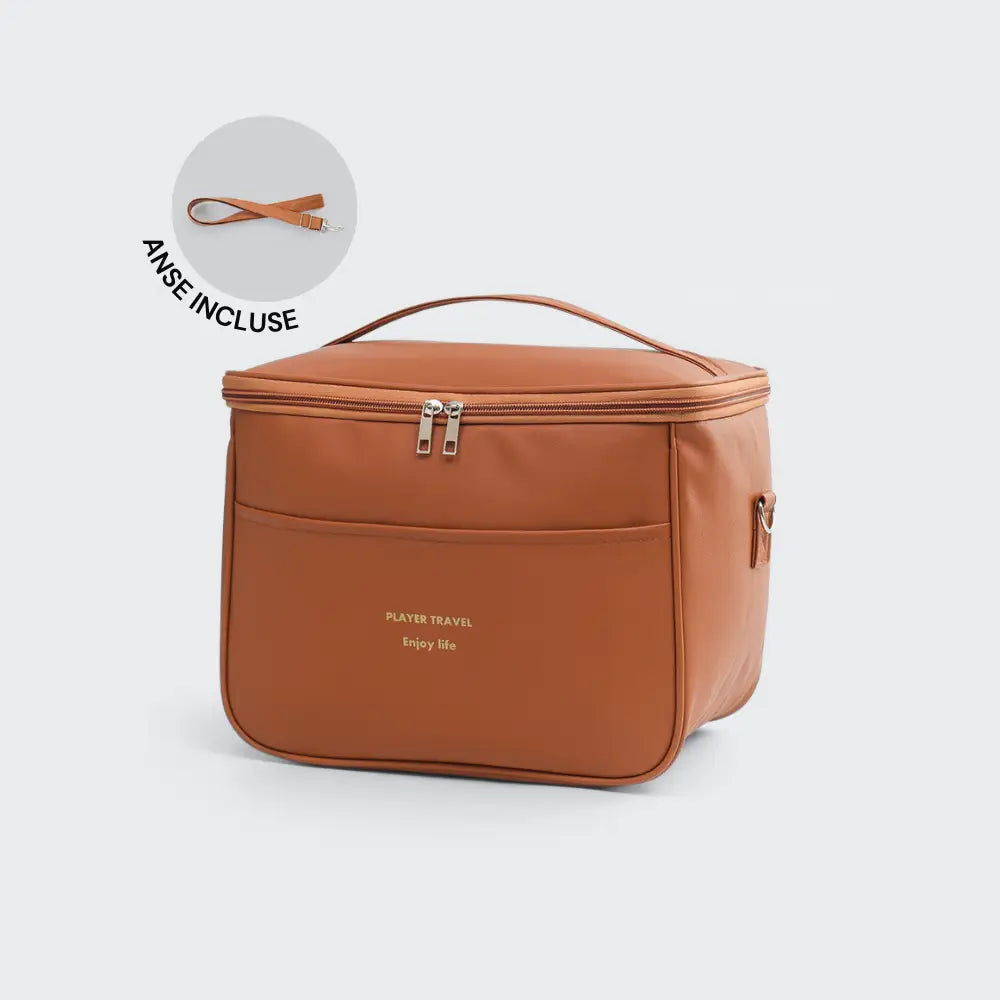 vanity case en cuir marron avec sangle